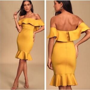 Lulu's Confidence Boost Off the Shoulder Mini Dress Mustard Women's Size Small